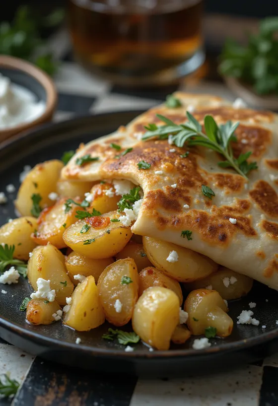 Piadina servida com batata assada com alecrim e queijo de cabra