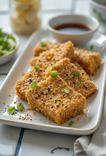 Tofu assado com crosta de sésamo, frito estaladiço e dourado, servido com vegetais frescos.