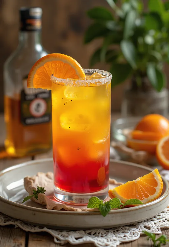 Cocktail Tequila Sunrise decorado com fatia de laranja e cereja