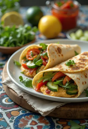 Wrap de húmus e pepino recheado com legumes frescos