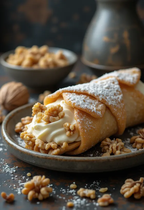 Sobremesa cannoli de creme de baunilha e noz servida