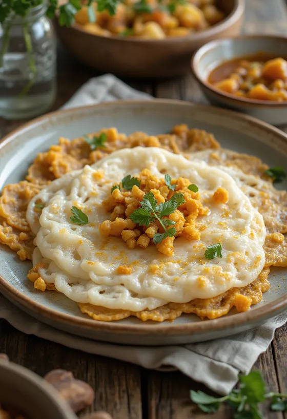 Panqueca vellappam branca e macia com bordas rendilhadas