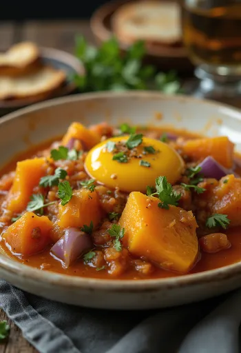 Alboronía com abóbora, servida com beringela e coentros frescos