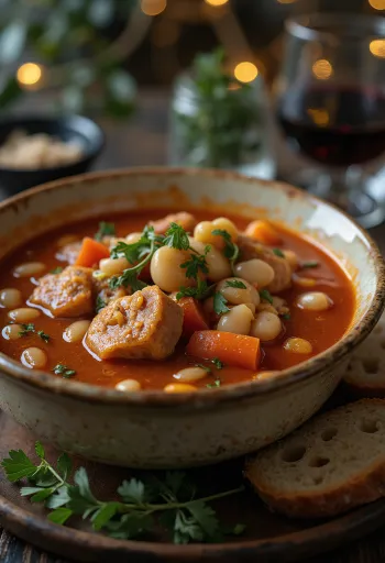 Goulash de feijão tradicional servido com legumes ricos e carne fumada