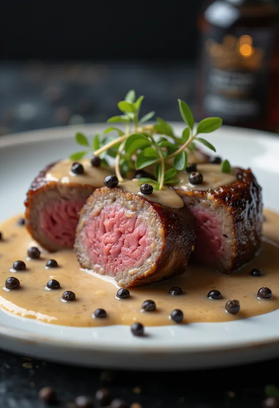 Filete de emu com molho de pimenta servido com legumes.
