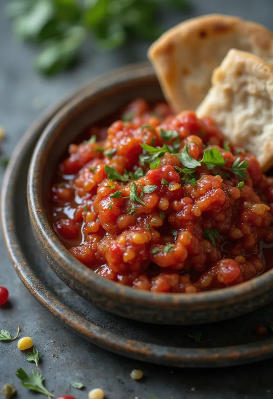 Ezme com pimento picante, servido com azeite e salsa