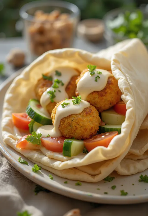 Falafel em pão pita com legumes frescos e molho tahini