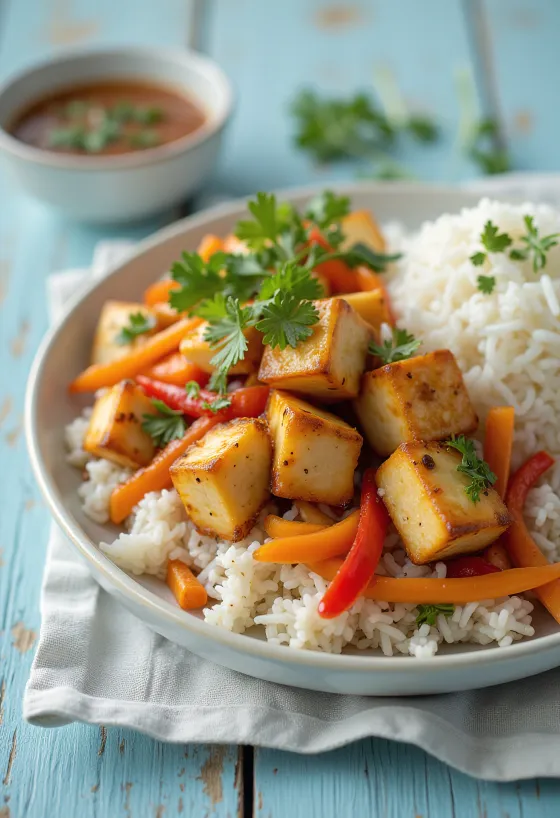 Tofu picante com legumes e arroz servido