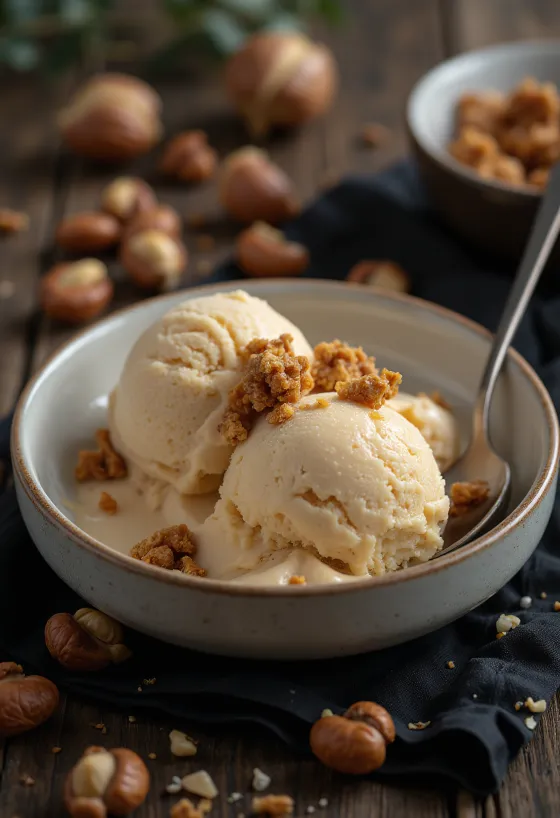 Gelado de leite com avelã cremoso servido