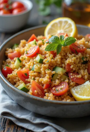 Salada de bulgur com tomate e legumes frescos na taça