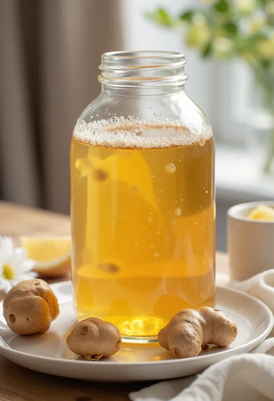 Kombucha probiótica de gengibre bebida refrescante em garrafas