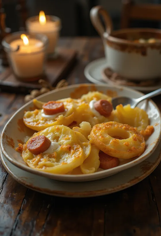 Batatas em camadas com salsicha e ovo, com natas azedas no topo