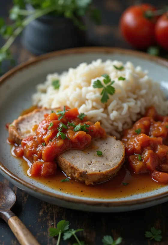 Cachaço de porco com lecsó e arroz cozido servido