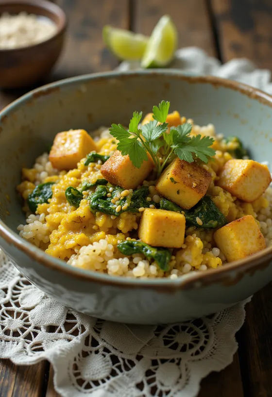 Caril de Quinoa e Espinafres com Tofu