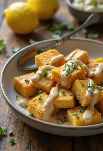 Tofu assado servido com molho de tahini e limão, salsa fresca e sementes de sésamo