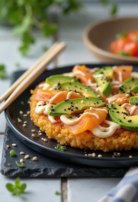 Sushi pizza com base de arroz japonês, salmão e abacate
