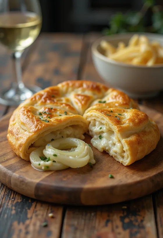Calzone de natas e alho-francês dourado e estaladiço