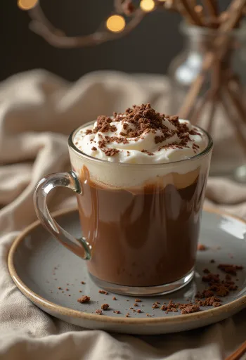Chocolate quente de baunilha decorado com natas batidas e raspas de chocolate