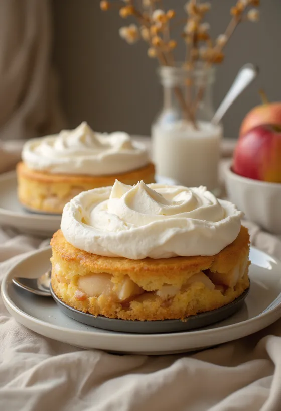 Bolo de maçã com chantilly servido com natas e fatias de maçã