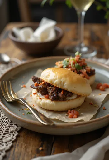 Massas Bao com carne de vaca assada, cozidas a vapor, apresentação simples