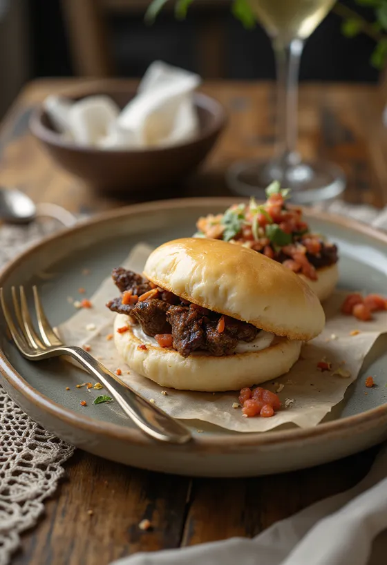 Massas Bao com carne de vaca assada, cozidas a vapor, apresentação simples