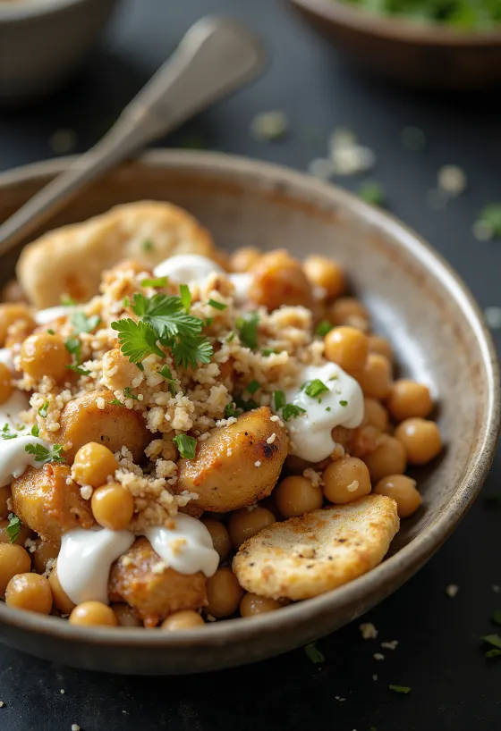 Fatteh com frango, pedaços de pão pita tostado, grão-de-bico, iogurte com tahini e pinhões tostados.
