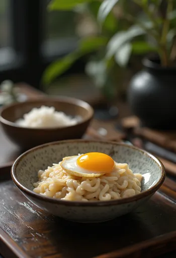 Nattō com ovo, servido com alho-francês fresco e alga nori