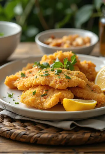 Filete de peixe-gato panado em gordura de pato, decorado com limão e salsa