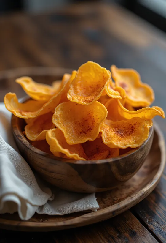 Chips de batata-doce assada, douradas e servidas num prato.