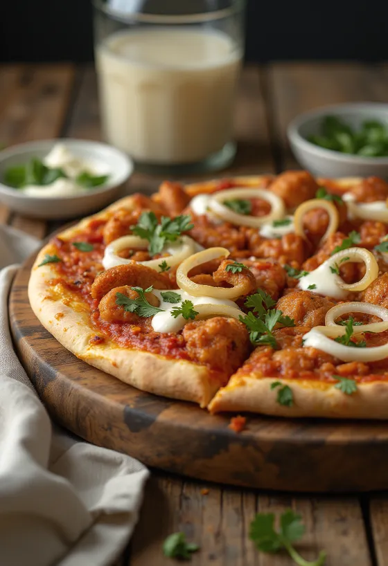 Tandoori chicken pizza com especiarias indianas e coentros