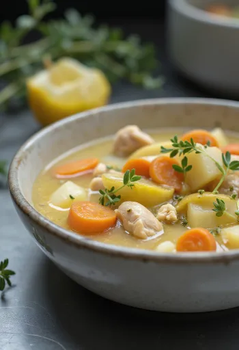 Sopa de ragout cremosa com estragão, frango, vegetais e decorada com estragão fresco.
