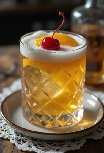 Cocktail Whisky Sour decorado com fatia de laranja e cereja de cocktail