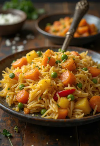 Arroz de vegetais com especiarias tandoori servido