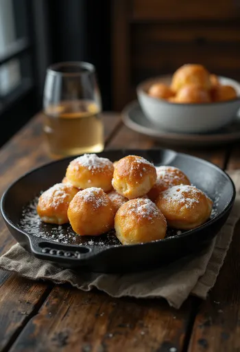 Æbleskiver frito dinamarquês polvilhado com açúcar em pó