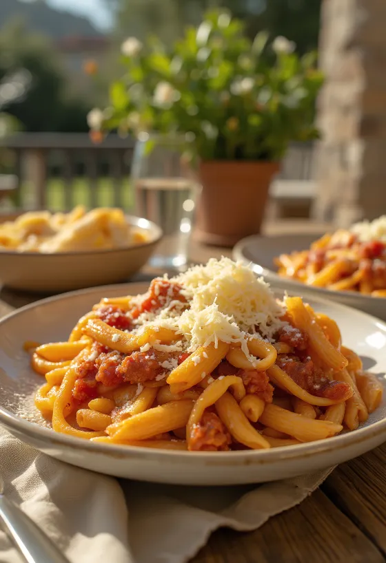 Massa com beringela servida com molho de tomate suculento e manjericão fresco