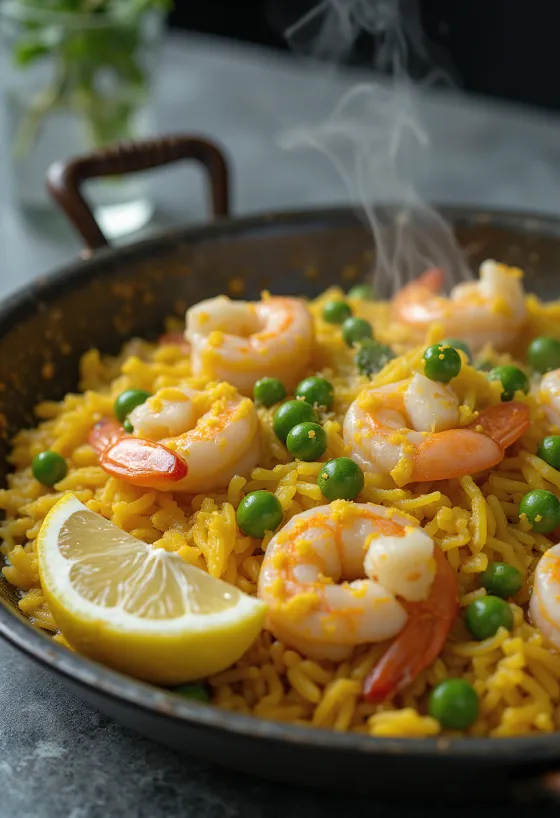 Paella espanhola com marisco fresco, legumes e açafrão