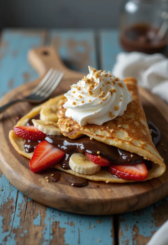 Taco de panqueca com chocolate e fruta