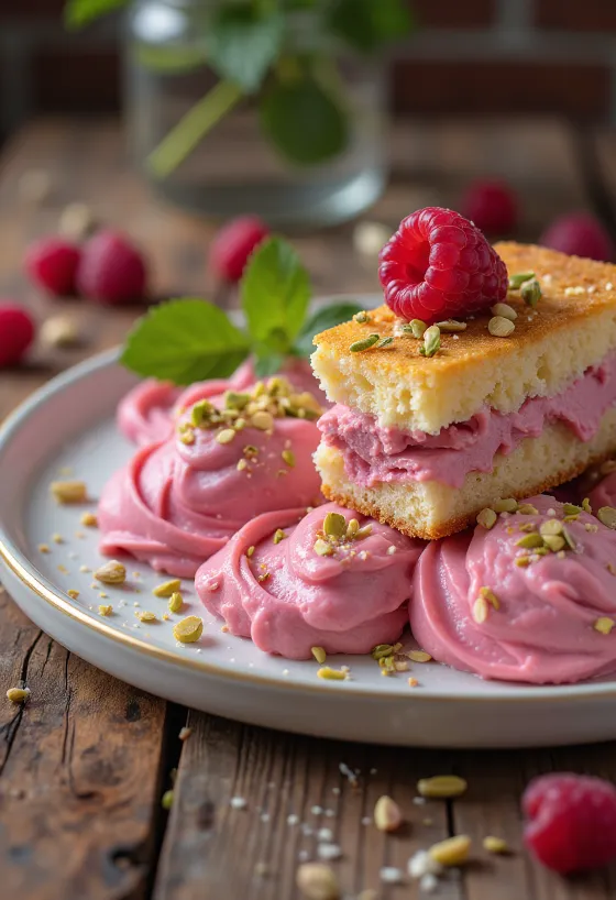 Bolo pão de ló com mousse de framboesa e framboesas frescas