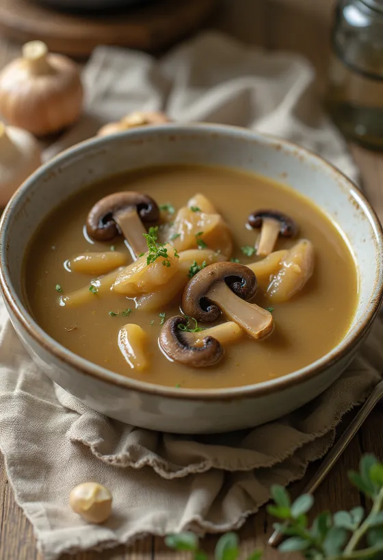 Sopa cremosa de alho-francês e cogumelos servida, decorada com fatias de cogumelos frescos
