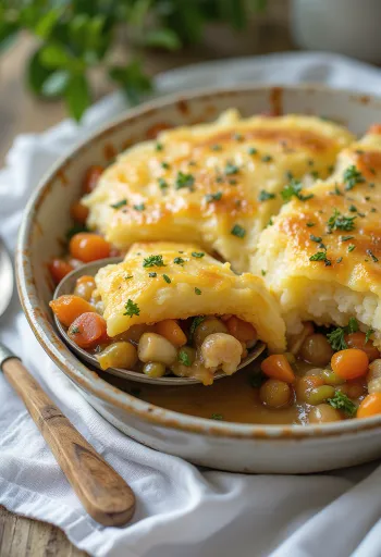 Shepherd’s pie com legumes servido, com puré de batata por cima