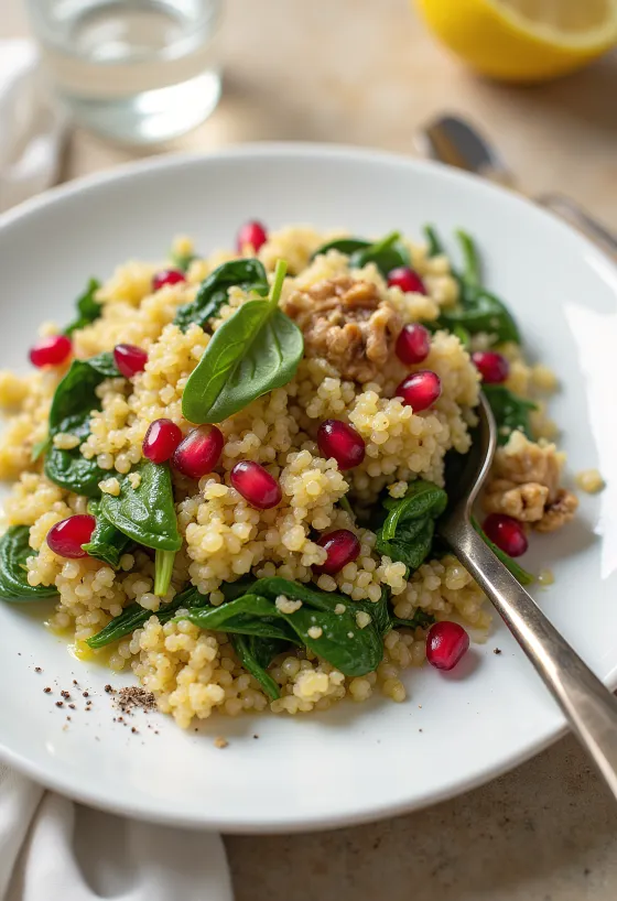 Salada de Quinoa e Espinafres com Romã