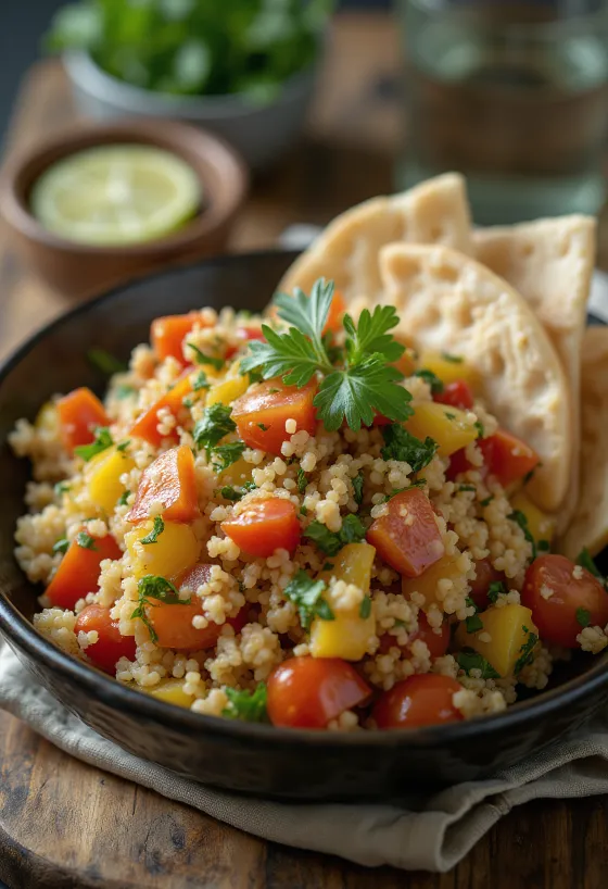 Tabbouleh com salsa fresca e hortelã num prato
