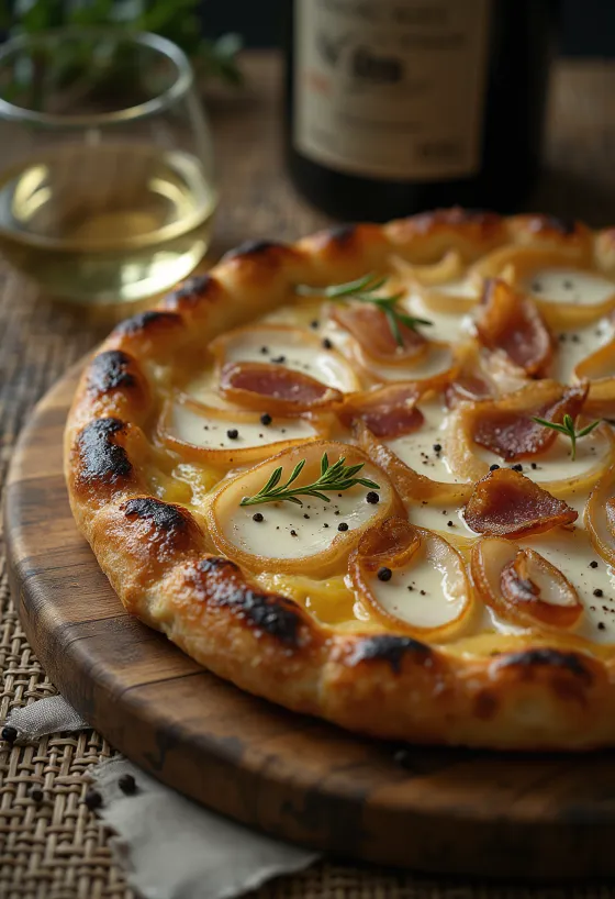Tarte flambée com natas, cebola e bacon