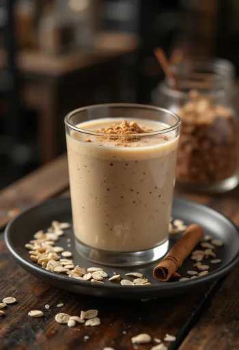 Smoothie de aveia em copo alto, decorado com flocos de aveia e canela