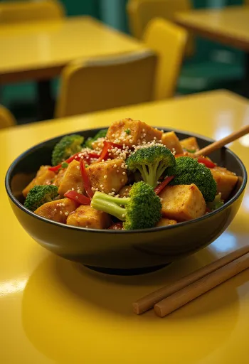 Wok de tofu com vegetais e coentros frescos servido