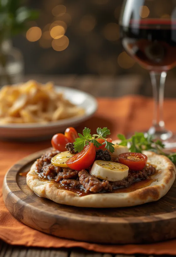 Pita Especial do Chef com carne de vaca, queijo camembert e rúcula