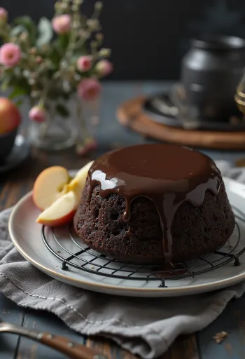 Bolo de maçã e chocolate numa apresentação elegante