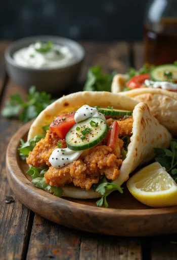 Gyros de frango servido com vegetais frescos, molho tzatziki e pão pita.