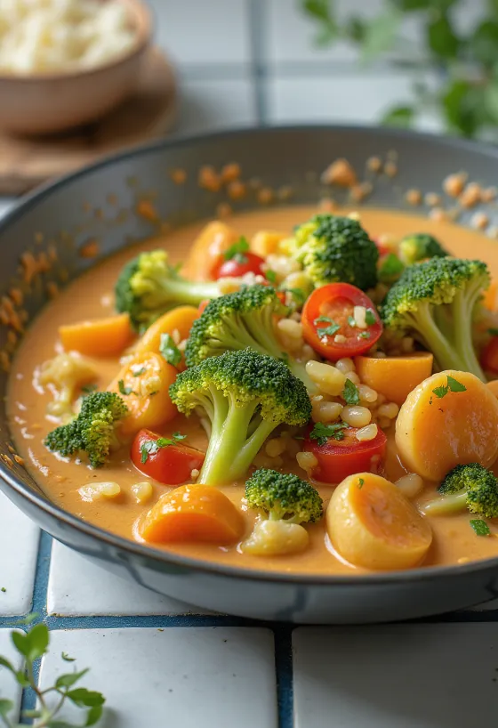 Wok de legumes com leite de coco servido
