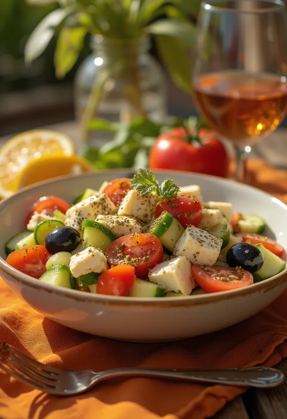 Salada grega colorida com cubos de tofu salteados e queijo feta